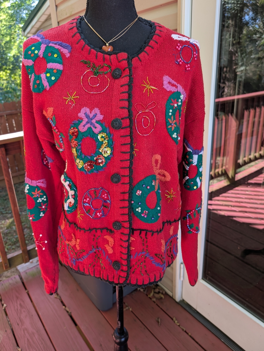 Designers Original Red Embroidered Holiday Sweater Cardigan- Sz L